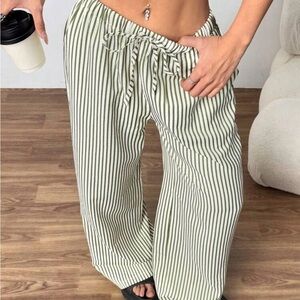 Green Striped Wide Leg Pants